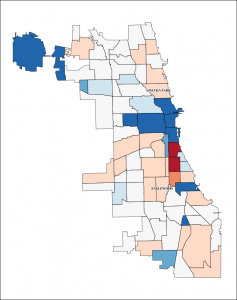 Change in housing units, 2000-2012. Blue = gain, Red = loss.
