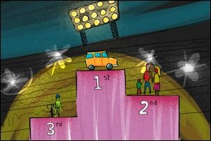 A car wins a competition against a biker and a pedestrian family.